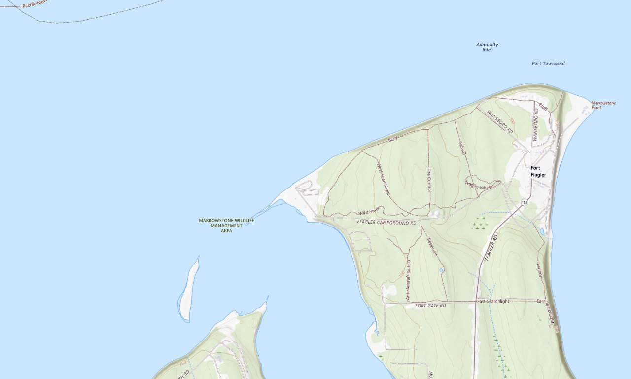 Topographic map around Fort Flagler in Jefferson County