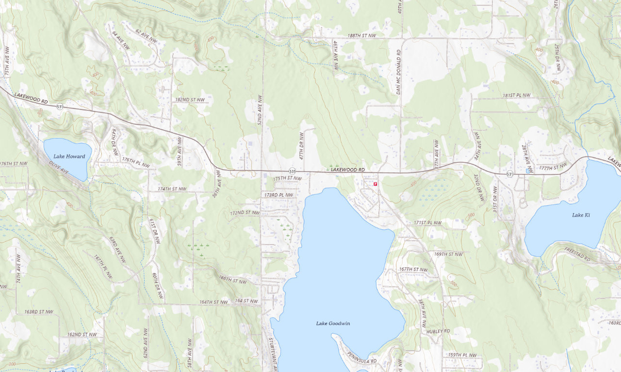 Topographic map around Lake Goodwin Resort