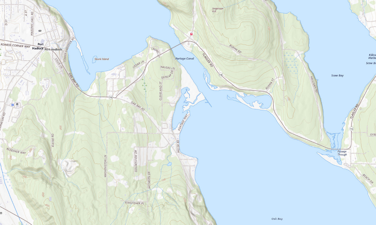 Topographic map around Lower Oak Bay Campground
