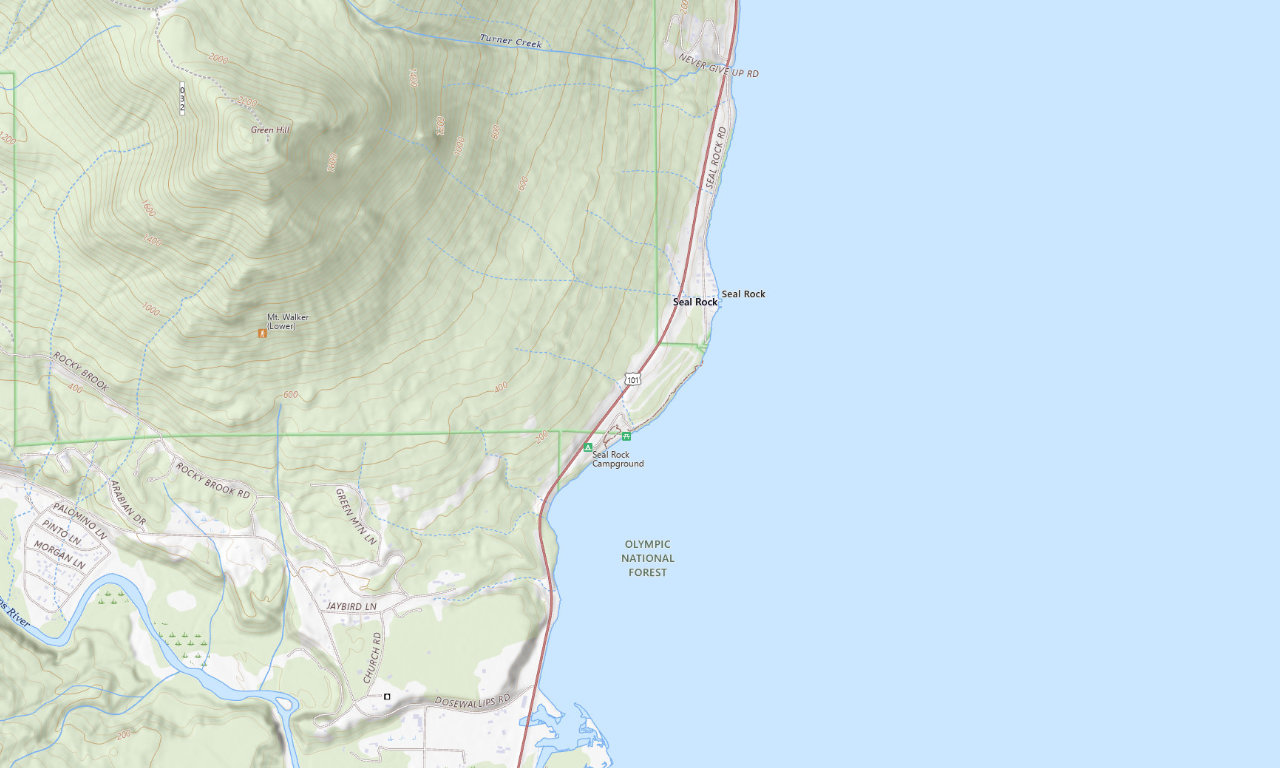 Topographic map around Seal Rock Campground on Hood Canal