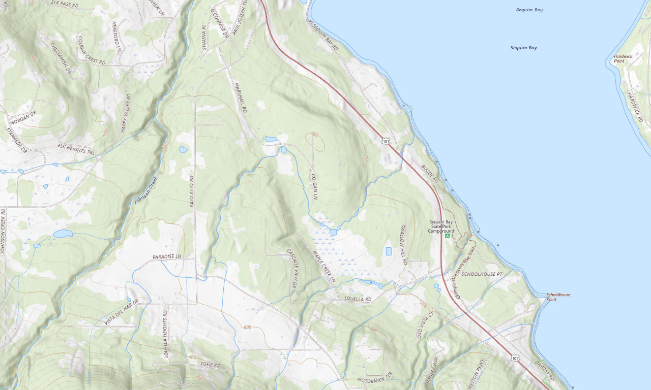 Topographic map around Sequim Bay State Park