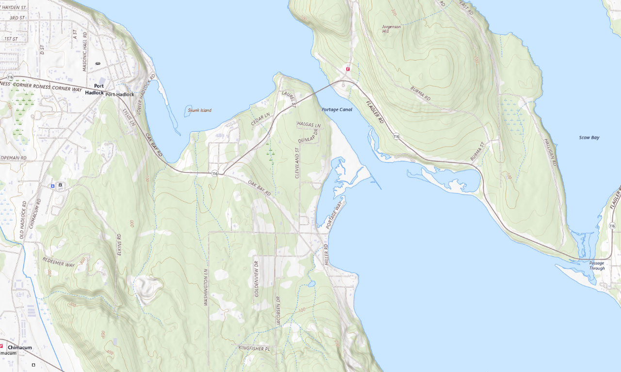Topographic map around Upper Oak Bay Campground